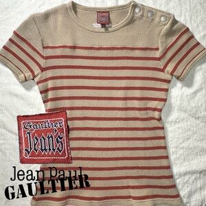Sold- Gaultier Jeans Waffle Knit Red and Beige Striped Tee Shirt - Size Small